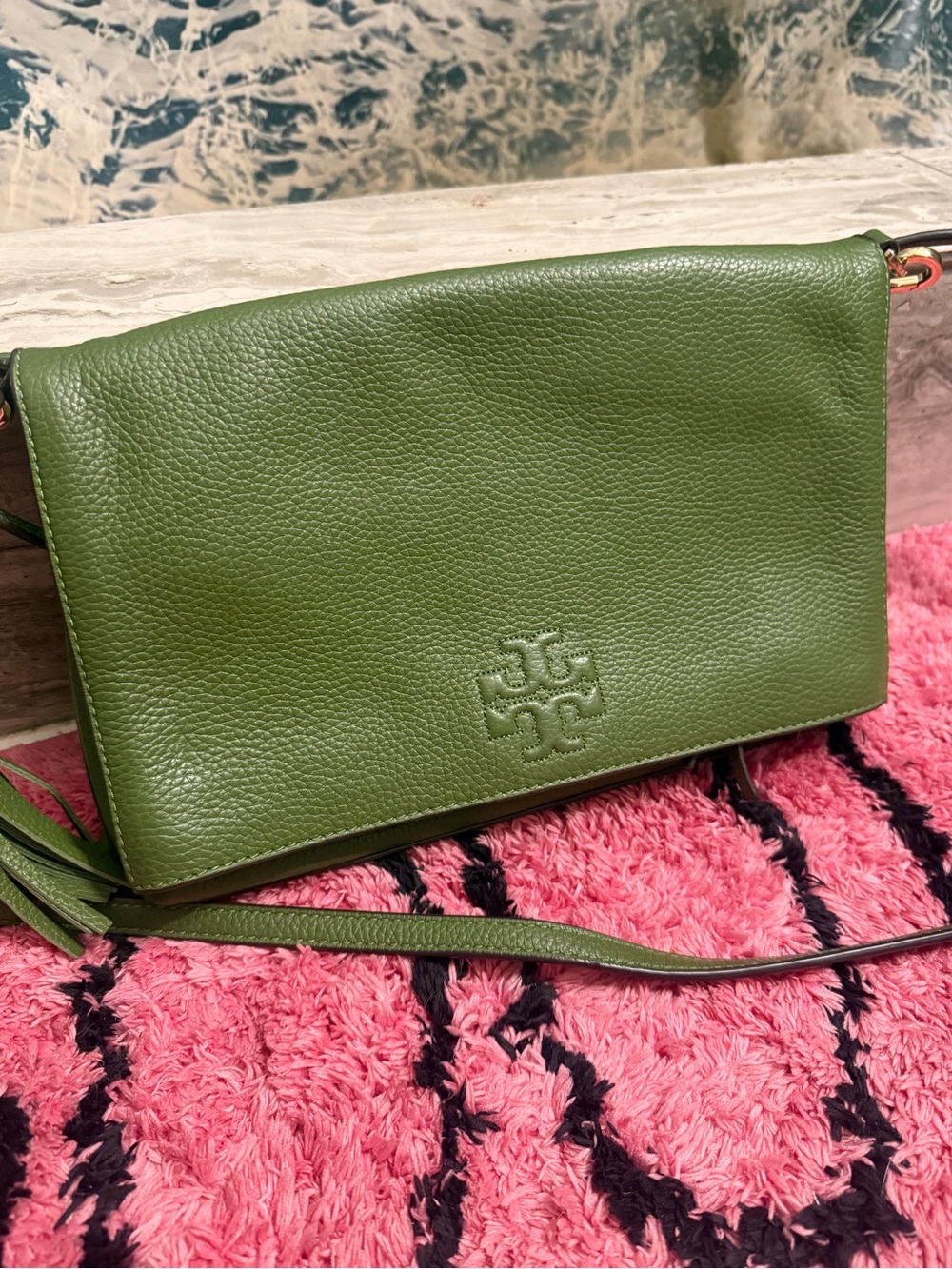 Tory Burch Olive Green Pebbled Leather Crossbody